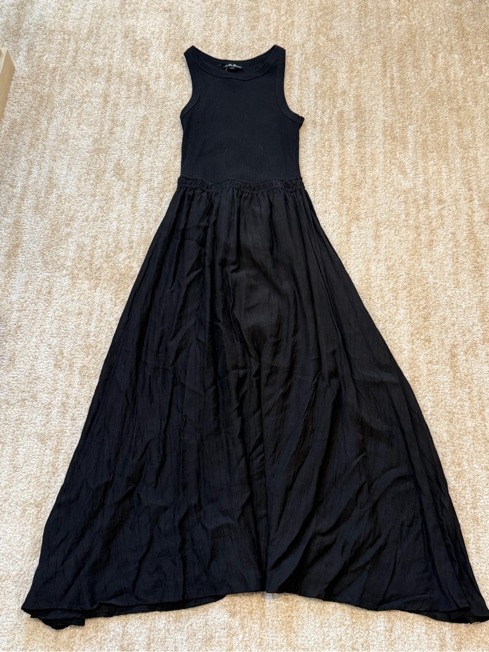 Women's Black Sleeveless Maxi Dress - Ribbed Bodice and Flowing Skirt